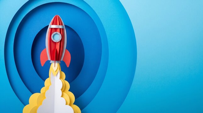 Innovation and Growth Success Concept with Paper Rocket Launching into Blue Space