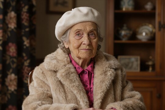 Vintage Portrait of Elegant Elderly Woman in Fur Coat and Beret