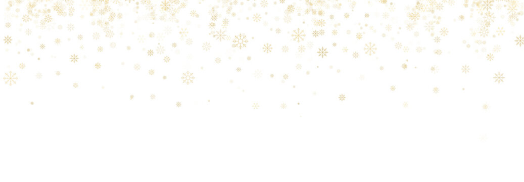 Delicate golden snowflakes falling from top border. Christmas snowfall banner with copy space. Winter holiday festive background