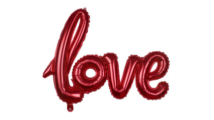 Shiny red metallic foil balloons spelling the word love , isolated on transparent background © Maria