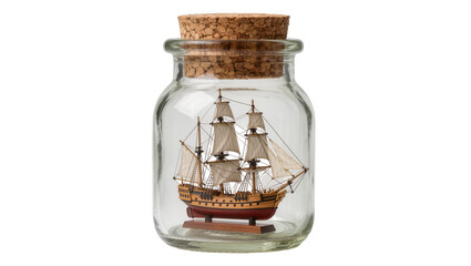 Detailed wooden sailing ship model inside a glass jar with cork, isolated on transparent background © Maria