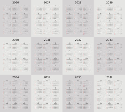 10 year calendar, set vector, Simple templates, year 2026 - 2037, The week starts on sunday