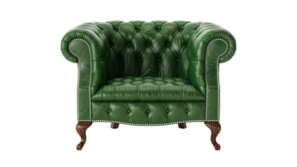 Deep green leather chesterfield armchair with tufted upholstery, isolated on transparent background © Maria