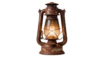 Antique rusty kerosene lantern with glowing bulb, isolated on transparent background © Maria