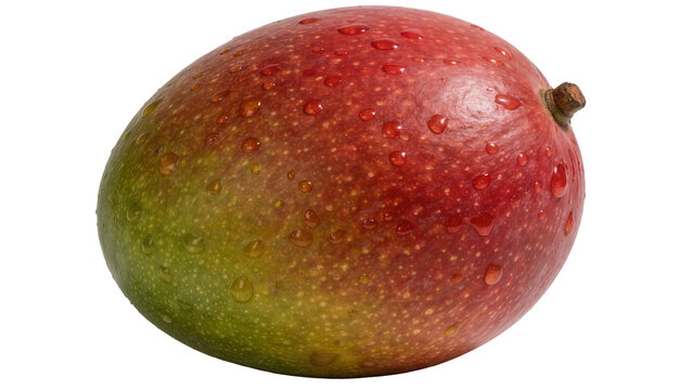 Ripe red and green mango with water droplets, isolated on transparent background