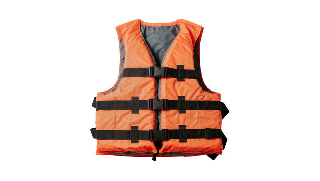 Bright orange life vest with black straps and buckles, isolated on transparent background