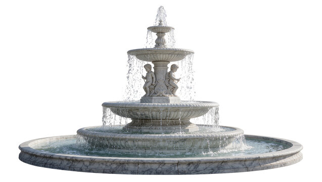 Ornate tiered marble fountain with cherub statues water cascading, isolated on transparent background