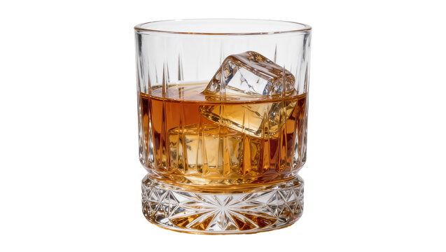 Clear crystal glass tumbler with amber whiskey and ice cubes, isolated on transparent background