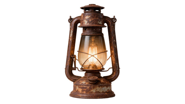 Antique rusty kerosene lantern with glowing bulb, isolated on transparent background