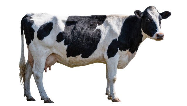 Black and white Holstein Friesian cow with udder, isolated on transparent background