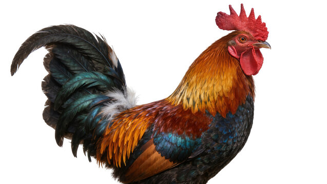 Colorful rooster with red comb and iridescent feathers, isolated on transparent background