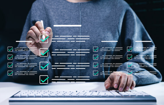 Online assessment and survey concept. Person using computer with checklist form, checkmark, digital questionnaire, online test, exam, quiz, feedback response, data collection, task verification
