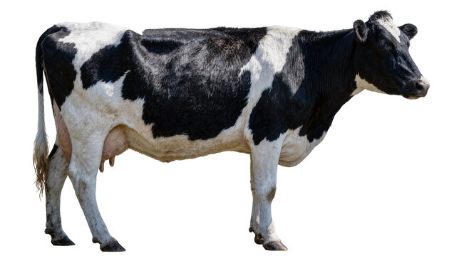 Black and white Holstein cow with udder, isolated on transparent background