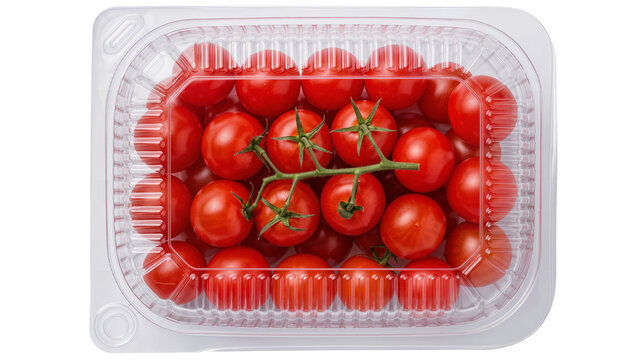 Fresh red cherry tomatoes on vine in clear plastic container, isolated on transparent background
