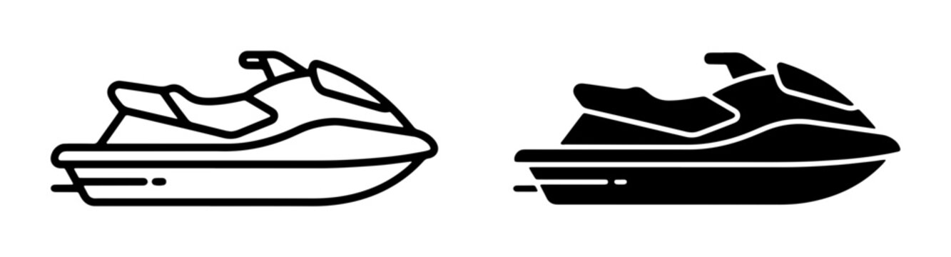 Jet Ski Icons, Personal Watercraft Vector Graphics, Water Sports Symbols, Two Styles: Outline and Solid Black, Aquatic Recreation and Adventure