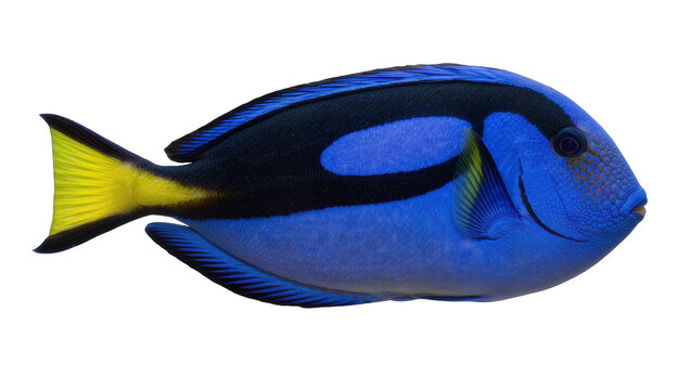 Vibrant blue tang fish with black markings and yellow tail, isolated on transparent background