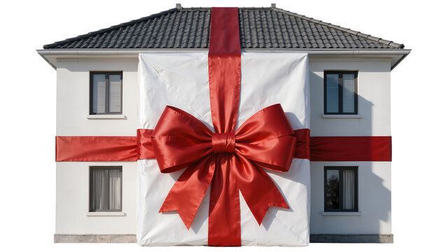 White house wrapped in gift paper with red ribbon and bow, isolated on transparent background
