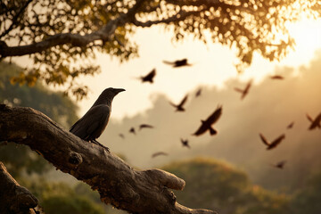 Fototapeta premium Crow perched on a branch with flying birds during golden hour