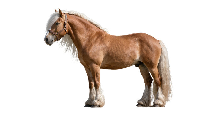 Brown Haflinger horse with blonde mane and tail wearing halter, isolated on transparent background