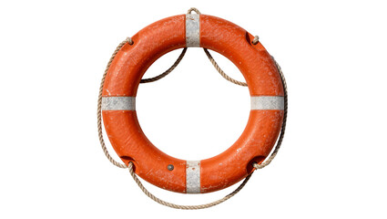 Orange life preserver ring with rope and white stripes, isolated on transparent background © Maria