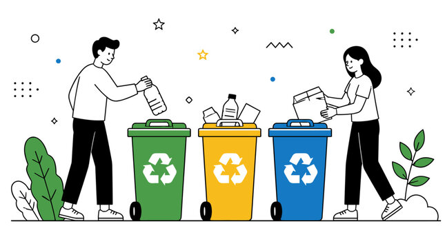 People sorting waste into colorful bins for environmental protection.