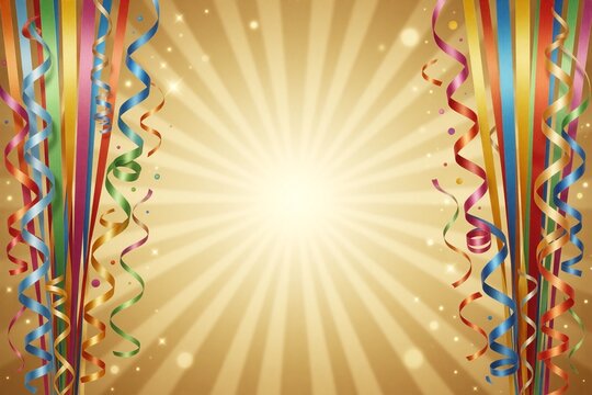 Symmetrical vertical ribbons in vibrant colors flow toward a bright golden sunburst background with radiating light rays.