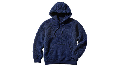 Navy blue textured fleece hoodie with front pocket, isolated on transparent background © Maria