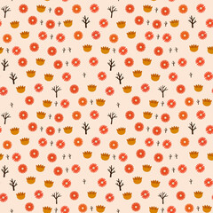 Seamless pattern of stylized flowers and bare branches © fincent