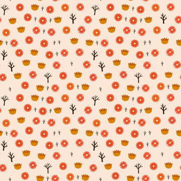 Seamless pattern of stylized flowers and bare branches