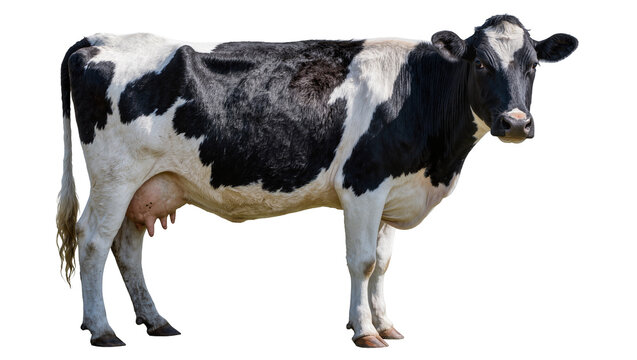 Black and white Holstein cow with udder, isolated on transparent background