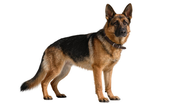 German Shepherd dog with brown collar standing alert, isolated on transparent background