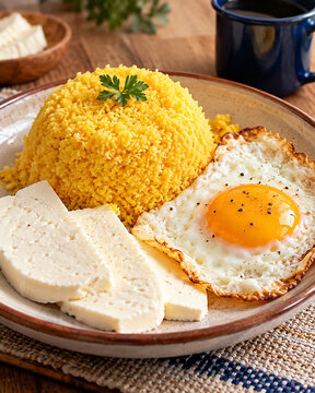 Cuscuz de milho brasileiro com ovo frito e queijo branco