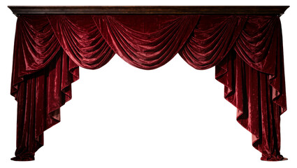 Rich dark red velvet draped pelmet with ornate wooden cornice, isolated on transparent background © Maria