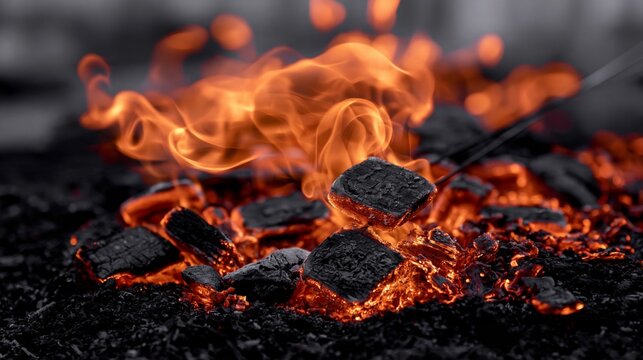 Glowing embers and flames rising from charred wood in a blacksmith's forge.