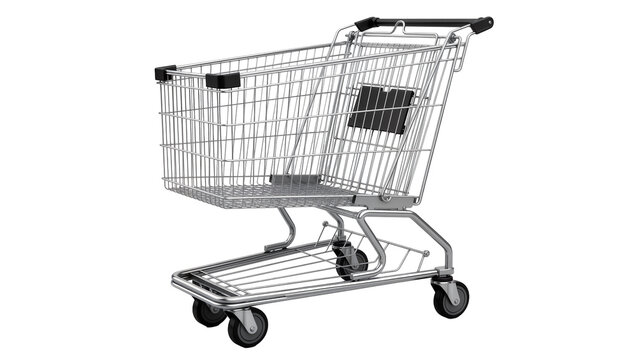Shiny metal shopping cart with black handles, isolated on transparent background
