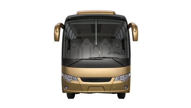Golden luxury coach bus with tinted windows, isolated on transparent background
