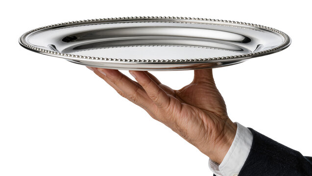 Man s hand holding a polished silver beaded platter, isolated on transparent background