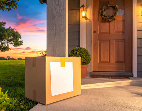 Professional package delivery boxes and blank notice at a front doorstep