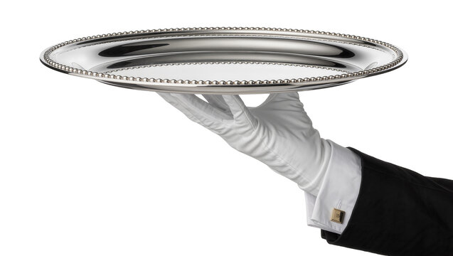 White gloved hand holding a silver beaded tray, isolated on transparent background