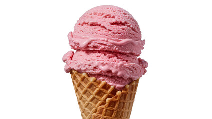 Obraz na płótnie Canvas Two scoops of pink strawberry ice cream in a waffle cone, isolated on transparent background