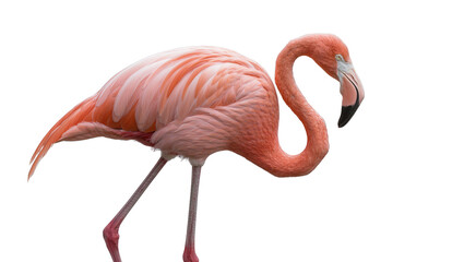 Pink flamingo with curved neck and black beak, isolated on transparent background © Maria
