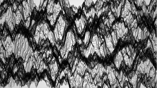 Abstract background, with black wavy, lines overlapping on, a white surface, creating a complex, rhythmic pattern of, dark zig zag movements