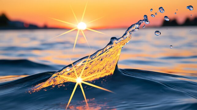 Sunset reflection in water with splashes creating beautiful sparkles and tranquility.