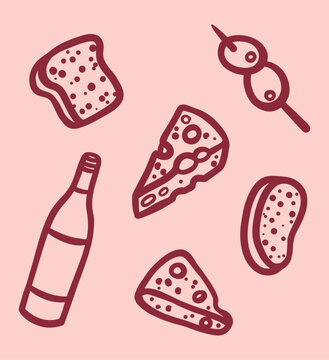 Hand-drawn wine snack set with bread, cheese, olives, and a wine bottle in a playful doodle style. Vector illustration for wine pairing, tasting menus, bars, restaurants, parties, and events.