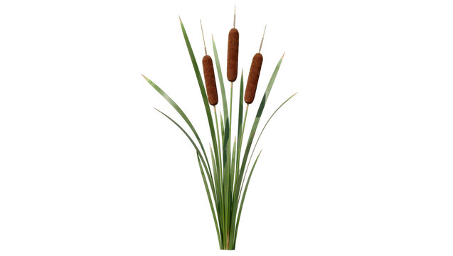 Bundle of brown cattail reeds with long green leaves, isolated on transparent background