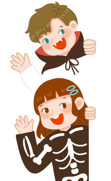 Kids wearing halloween costume waving hand