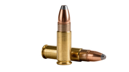 Two brass rifle cartridges with copper and lead bullets, isolated on transparent background © Maria