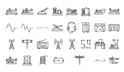 Morse Code Telegraph Communication Signal Key Radio Antenna Transmitter and Vintage Communication Outline Icons Set – Editable Vector © Icon Zone