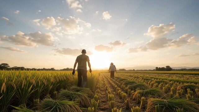 Farmer harvesting ripe paddy crop using hand sickle, agricultural worker cutting organic cereal grain, rural plantation laborer gathering autumn food yield during sunset.