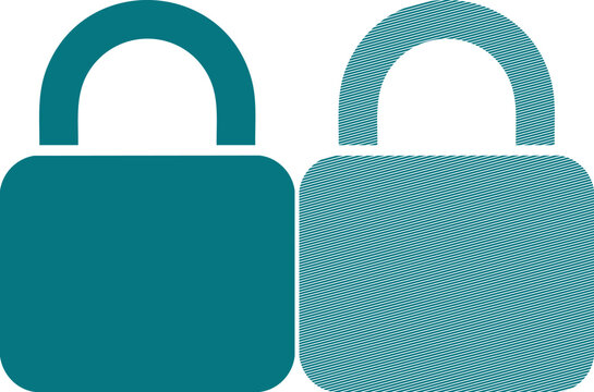 Two teal padlock icons, one solid and one with a diagonal line pattern, isolated security